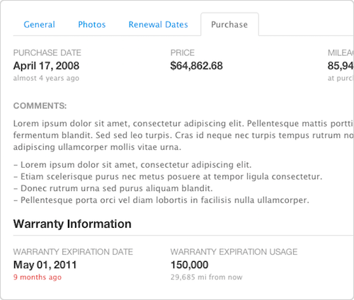 Store vehicle purchase and warranty information in Fleetio fleet management software